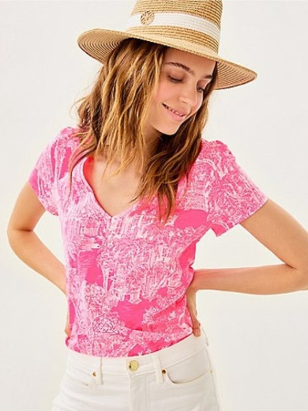 Lilly Pulitzer Etta Roxie anniversary toile Pink V-Neck tee, XS, NWT
